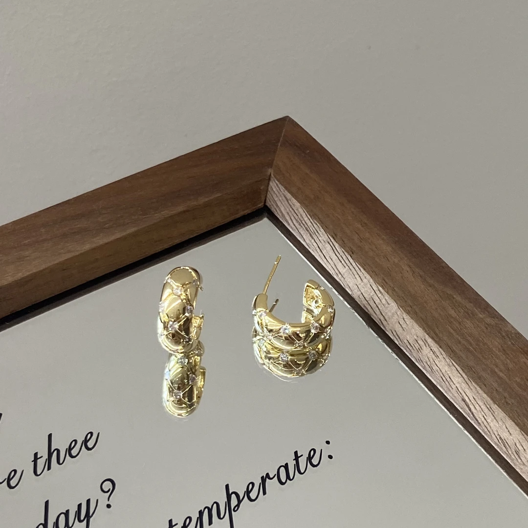 铜合金锆石耳饰 银针 菱形半圆圈 法式高级感轻奢耳钉E4316