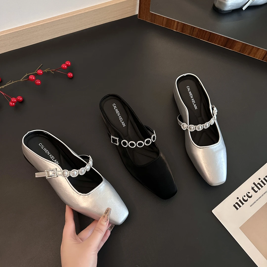 法式高级感复古方头包头拖女春季新款外穿水钻优雅气质内增高单鞋