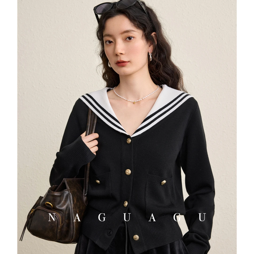 【海军学院】甄选羊毛混纺 优雅海军领口袋针织衫冬新款上衣女