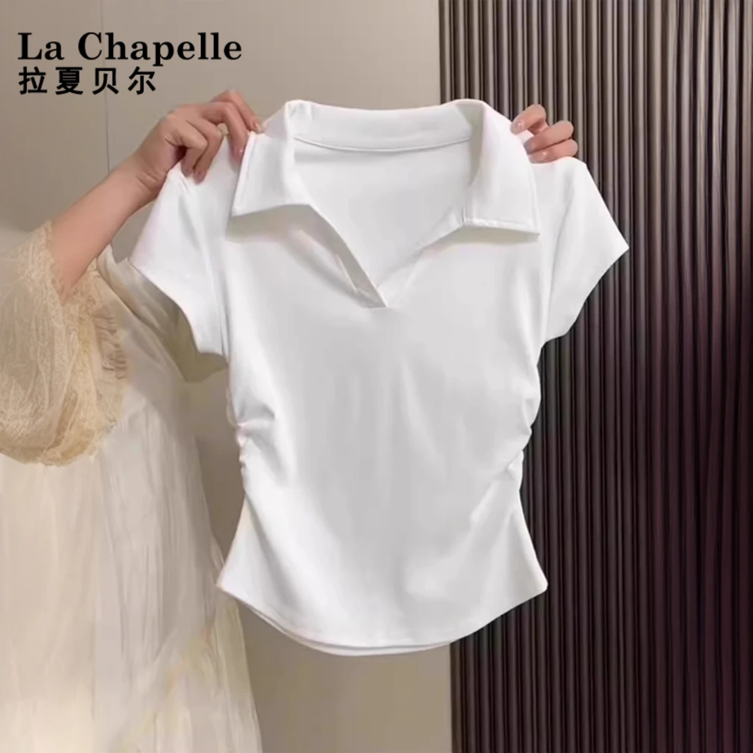 拉夏贝尔polo领t恤短袖女夏季新款小v领时尚抽褶显瘦高腰短款上衣