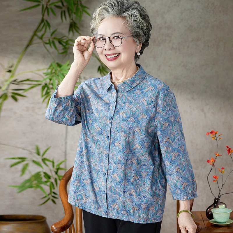 25年新款纯棉衬衫中老年人妈妈夏季宽松衬衣老太太奶奶全棉上衣服