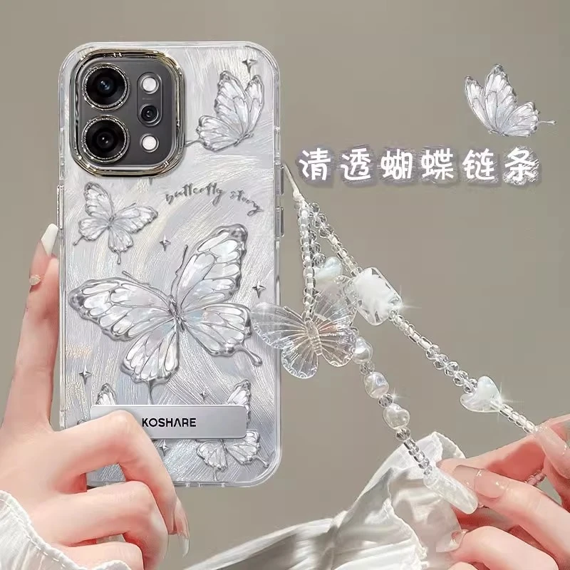 梦幻蝴蝶适用opporeno14pro手机壳女新款13防摔12带手链11镜头膜