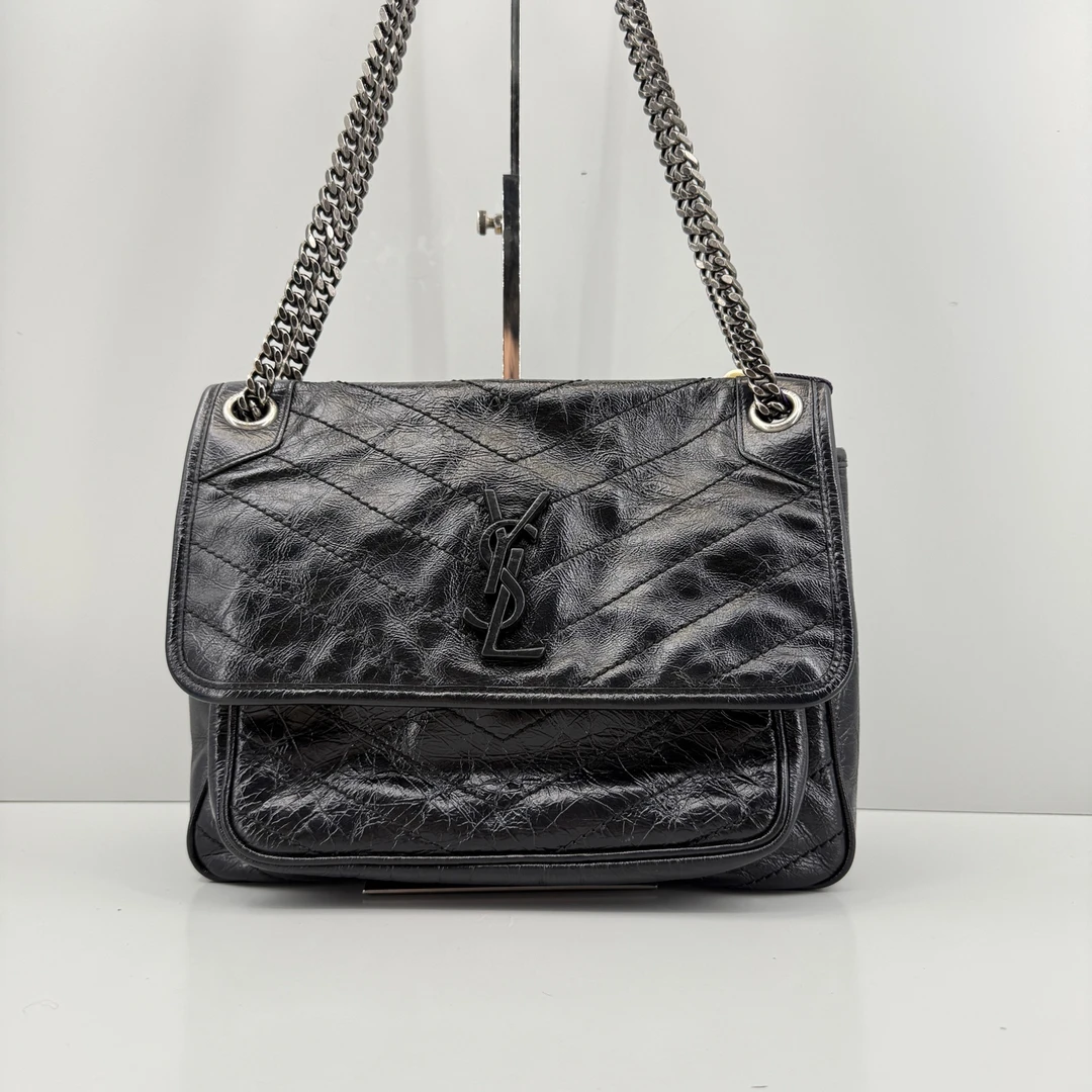 95新 YSL/圣罗兰 优选/Niki中号黑色油蜡皮链条包/27×24×9