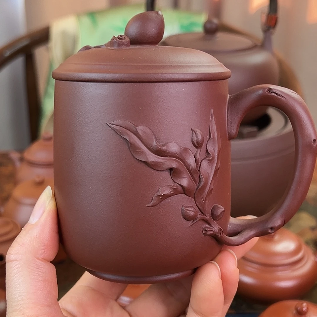 紫砂茶壶精品 寿桃杯 紫泥 360cc