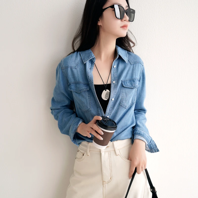 JU好穿~柔软垂顺100%莱赛尔牛仔衬衫女质感复古水洗长袖休闲衬衣