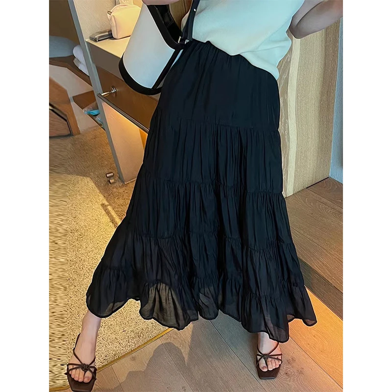 1912 黑色高腰显瘦中长款半身裙显瘦百褶拼接大摆蛋糕裙