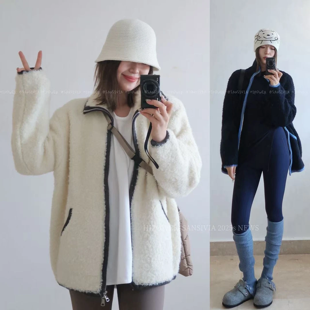 羊羔毛撞色边毛衣立领秋冬加厚保暖外套长袖中长款宽松显瘦百搭