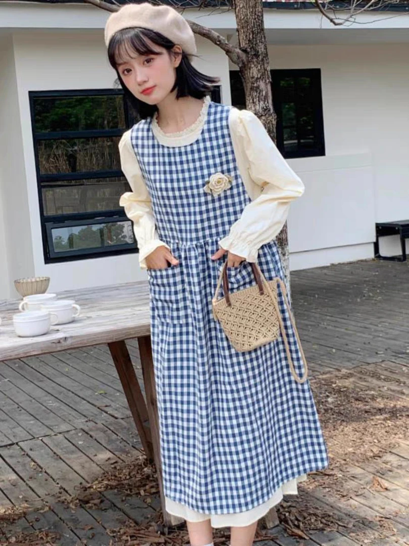 2025新款叠穿格子罩衫裙连衣裙两件套女今年流行漂亮套装裙