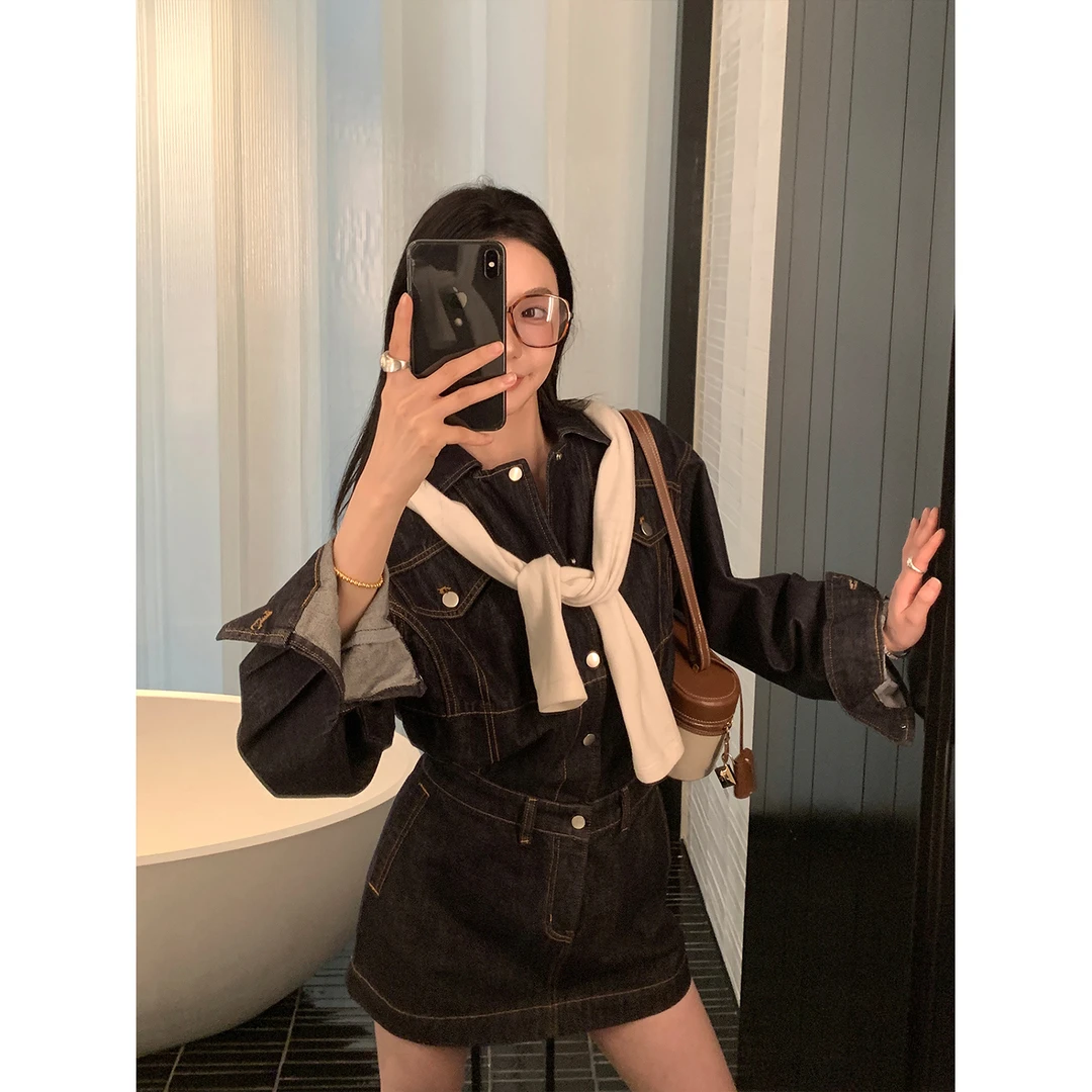 区区欧阳  水洗牛仔衬衫连衣裙女春季复古收腰显瘦小个子裙子