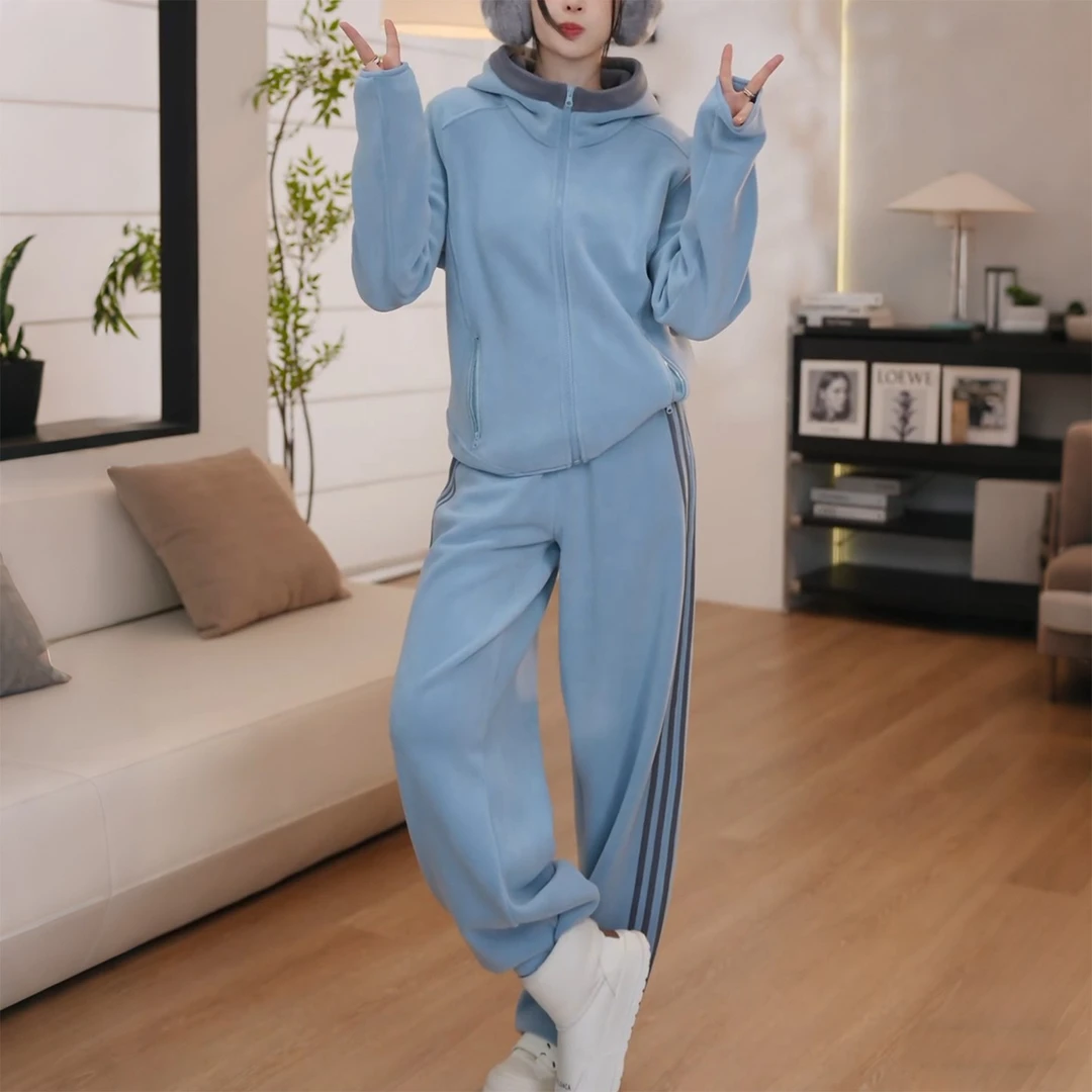 巨好看冬装套装韩系慵懒摇粒绒连帽卫衣外套+休闲阔腿长裤两件套