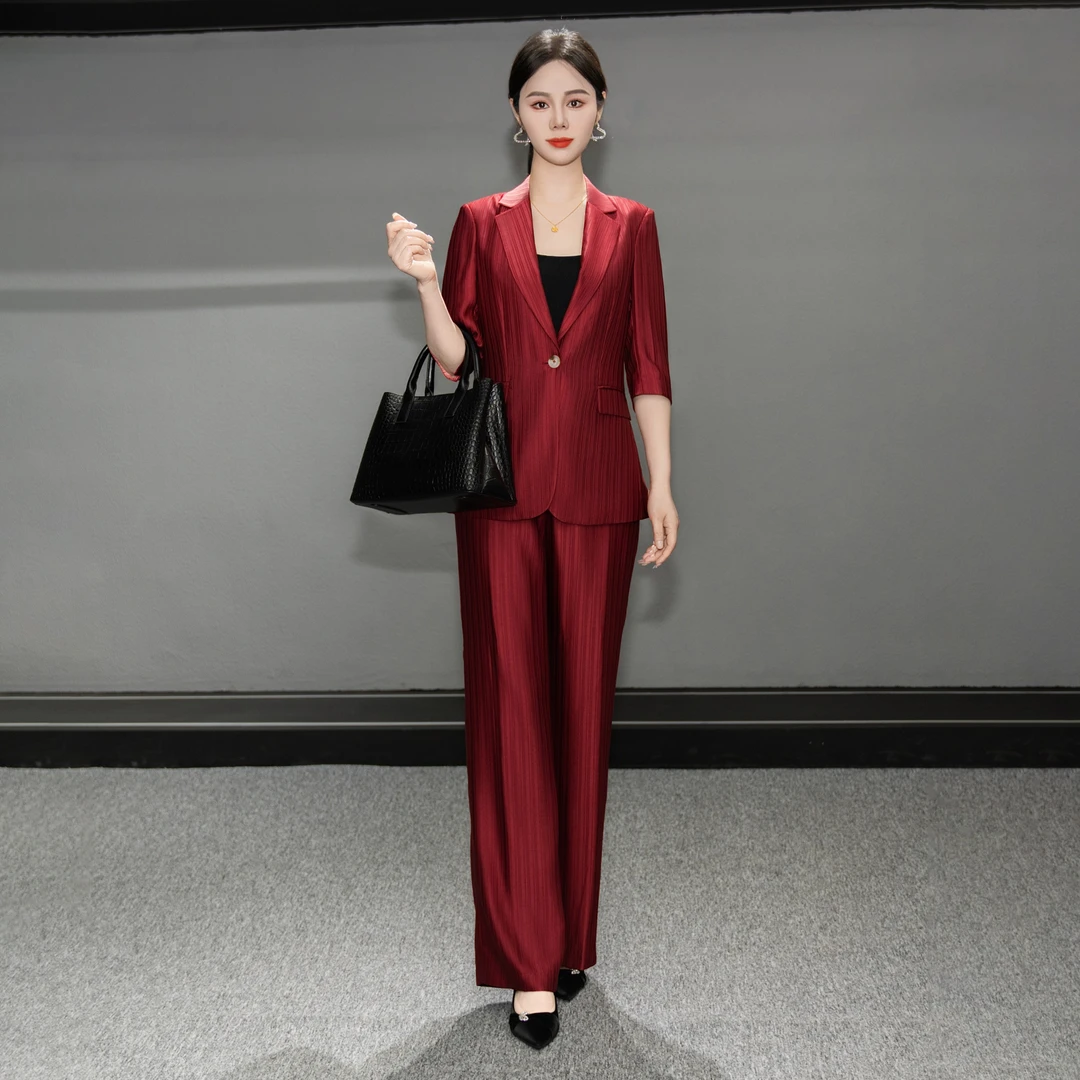 Falaibang/法莱邦646-11夏款红色中袖直筒裤西装套装