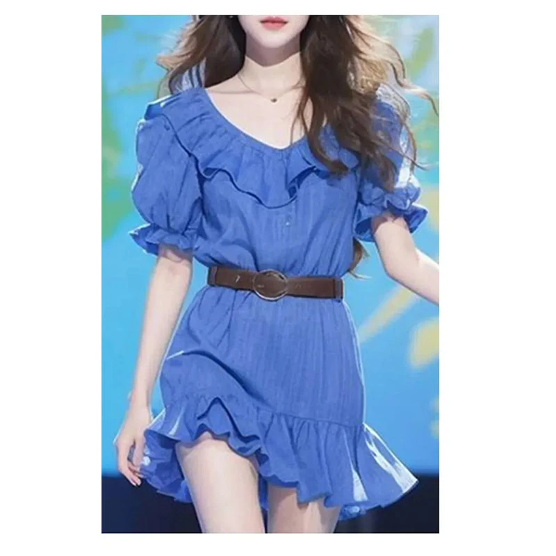 甜美风荷叶边减龄收腰连衣裙（赠送腰带） JYFMXX2024 032315