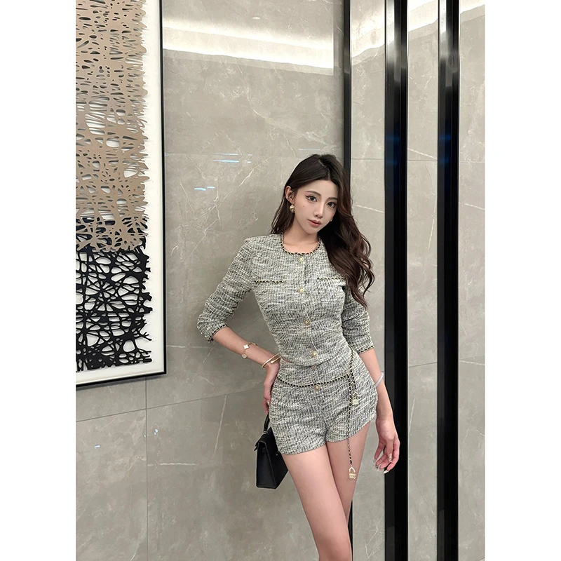 SIREN【财阀千金】早秋重工编织轻奢两件套气质小香风短裤上衣套装