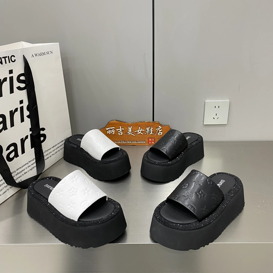 松糕厚底拖鞋女2025外穿新款网红高级软底时尚水钻印花一字拖女鞋