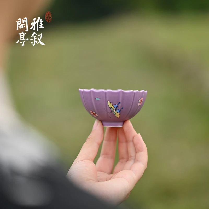 百垚粉彩手绘蝶恋花花瓣杯创意陶瓷主人杯个人专用主人杯功夫茶具