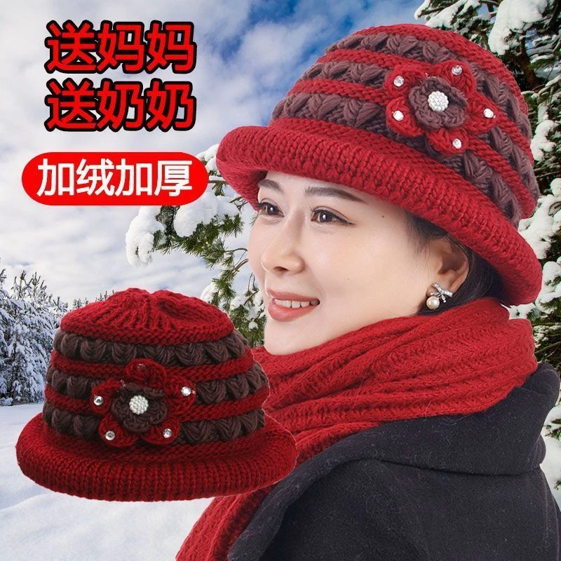 中老年人秋冬保暖时尚花朵加绒针织毛线帽子一顶Z