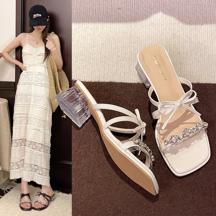 蝴蝶结水钻仙女风2025夏爆款时尚粗跟露趾网红凉拖鞋