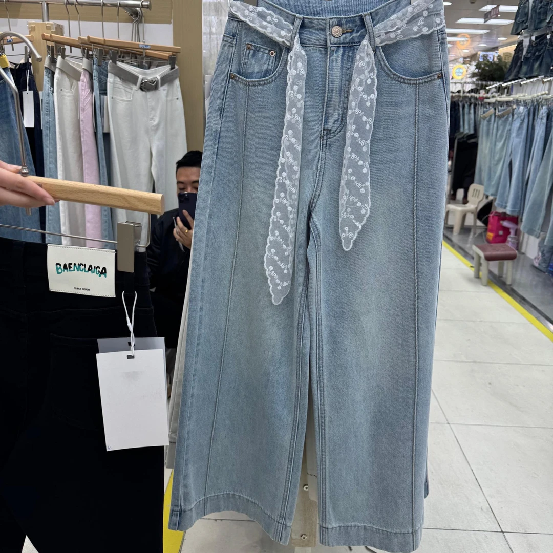 3月3龙哥家～春款新款配蕾丝腰带无弹力牛仔阔腿裤7596裤长101左右