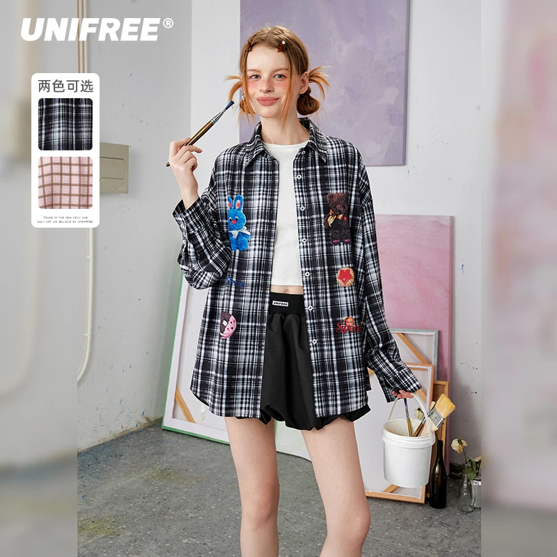 【云c专属】UNIFREE雪纺格子长袖衬衣趣味印花U251D235K2K2