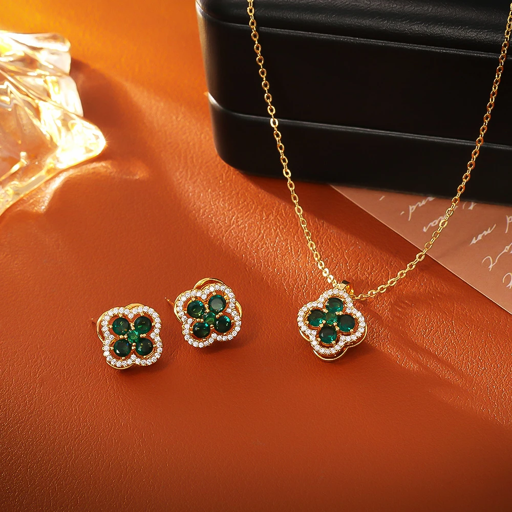 镀K金★套装 【铃兰漫野】轻奢绿色可旋转四叶草百搭耳钉/项链