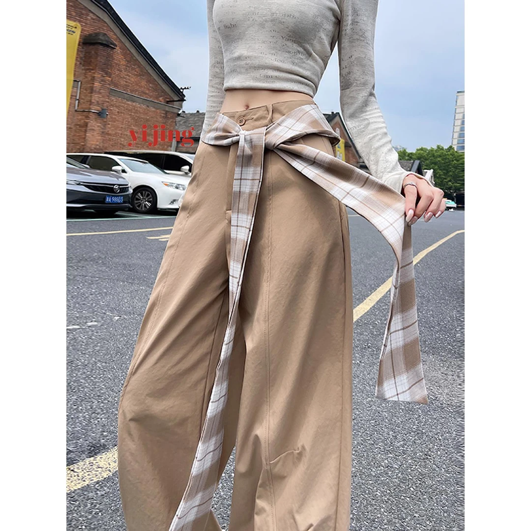美式覆古叠穿格子裤女秋季新款设计感宽松阔腿两穿束脚休闲工装裤