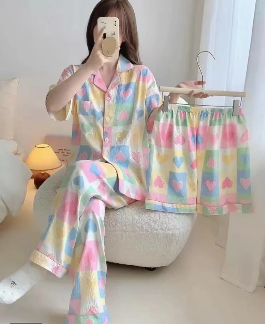 【三件套云朵棉】夏季睡衣甜美爱心短袖薄款可爱宽松家居服套装