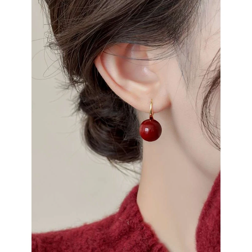 925银耳饰 酒红色大珍珠耳环女性小众设计耳环2026新款银针百搭