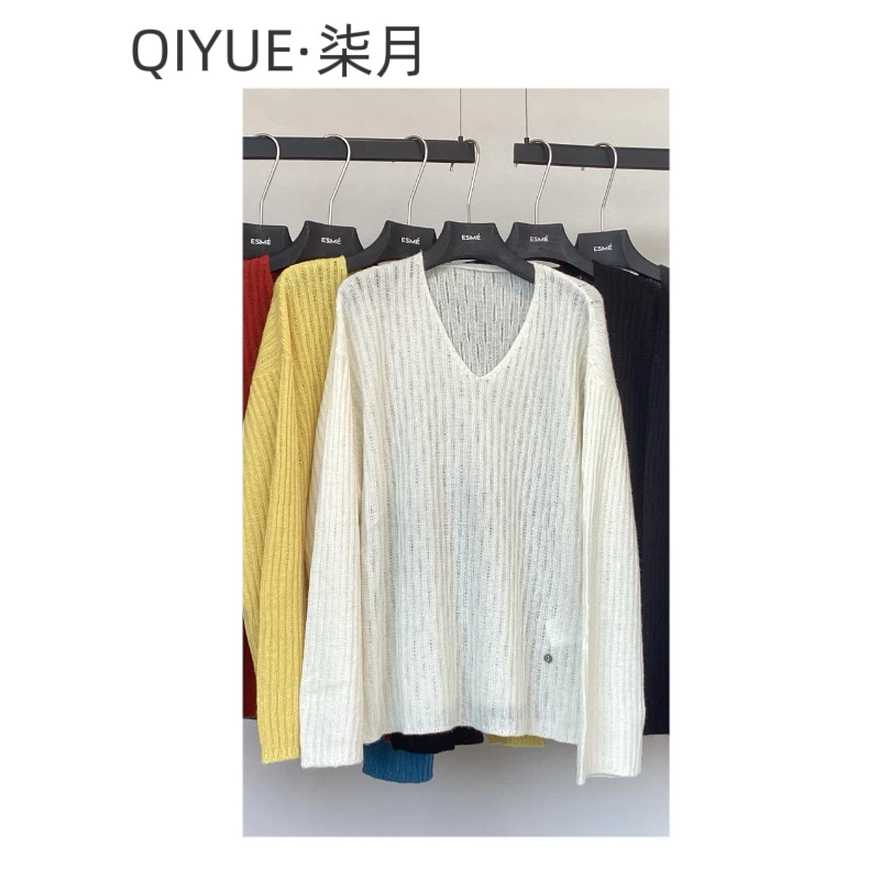 QIYUE·柒月毛针织衫宽松V领显瘦套头女针织女装中长款轻职风