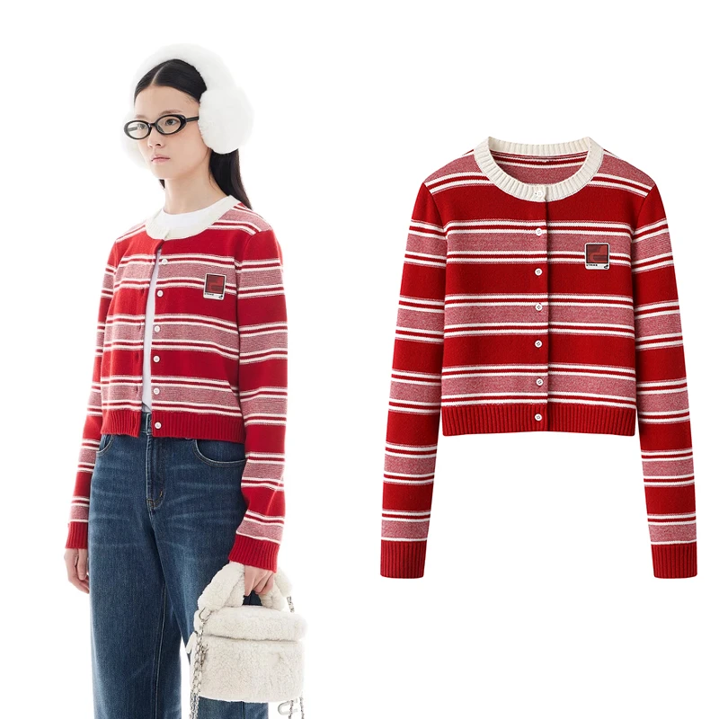 A1277【D】针织衫2025春季新款双色设计复古条纹上衣开衫女