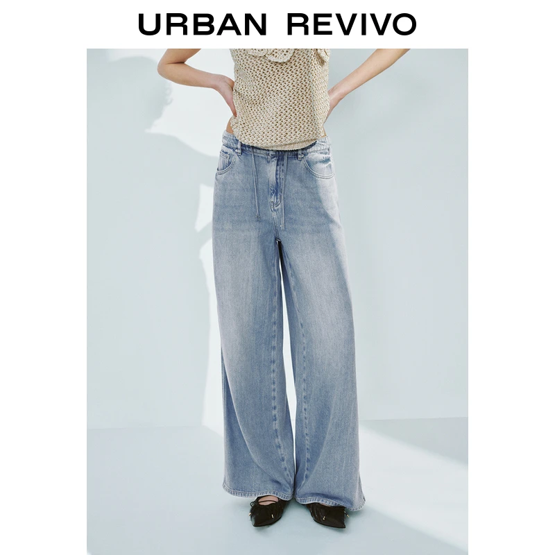 UR2025秋季新款女装松紧腰抽绳水洗阔腿牛仔长裤UWM850080