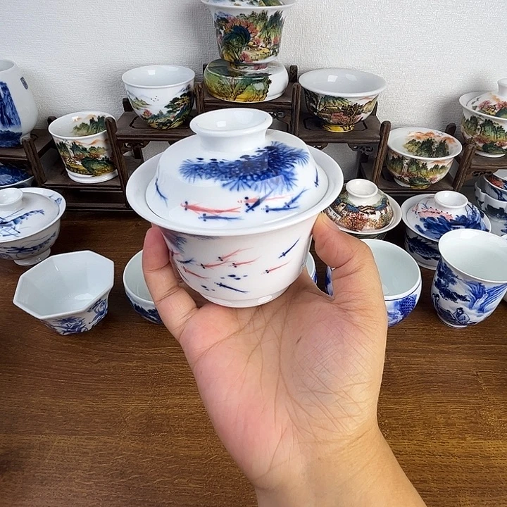 忠意堂釉下彩连年有余盖碗