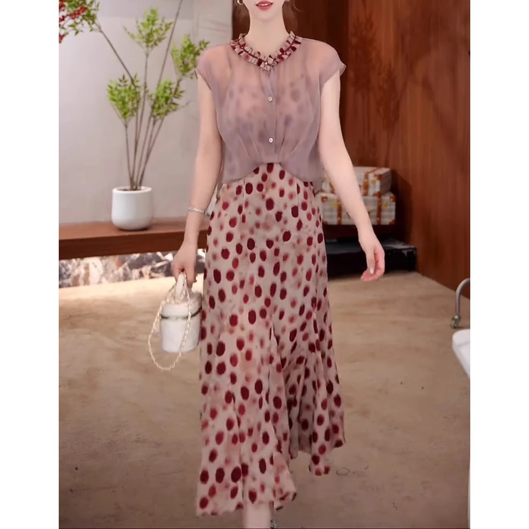 2025夏季新款短袖碎花气质洋气高腰中长款套装透气上衣吊带连衣裙