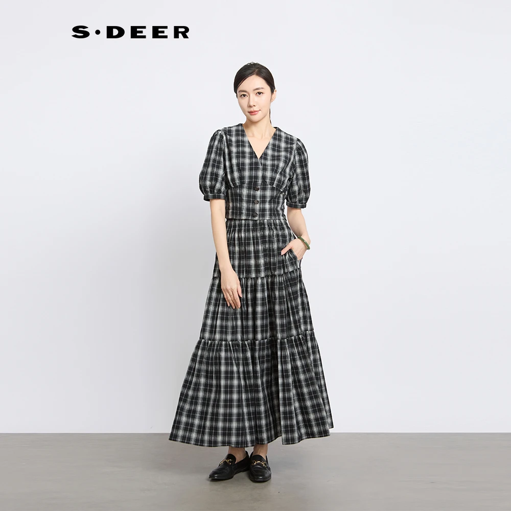 S·DEER圣迪奥显瘦短款夏季泡泡袖格子韩版复古法式百搭上衣