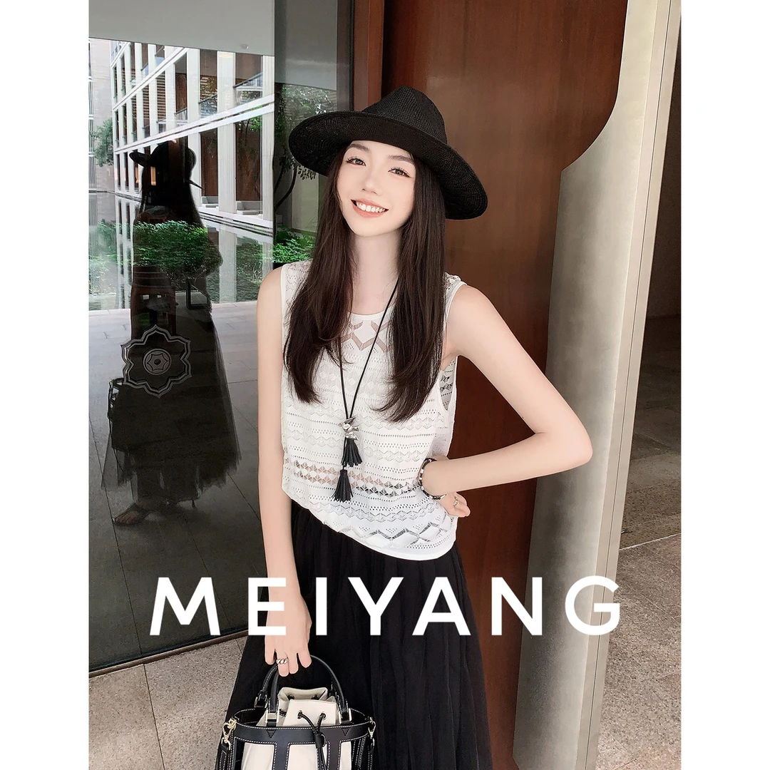 A美洋MEIYANG纸雕针织背心【商场同款】镂空蕾丝圆领无袖上衣