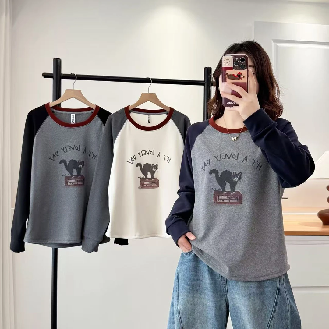 遇见--110-200斤大码圆领猫咪宽松保暖T恤秋冬假两件打底韩版上衣