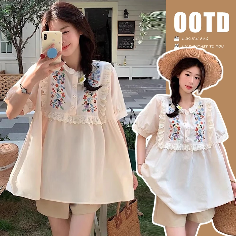 孕妇韩系夏季超薄款重工花朵刺绣短袖上衣休闲百搭大码打底短裤女