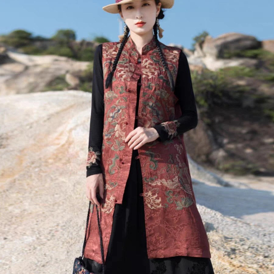 民族风秋冬复古显瘦中长款马夹女款修身外套中式国风马甲背心坎肩