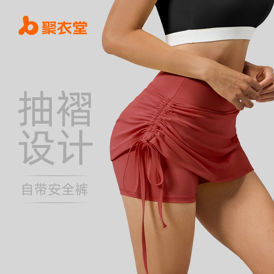新款抽皱运动短裙女防走光高腰跑步假两件短款瑜伽短裤夏季大码
