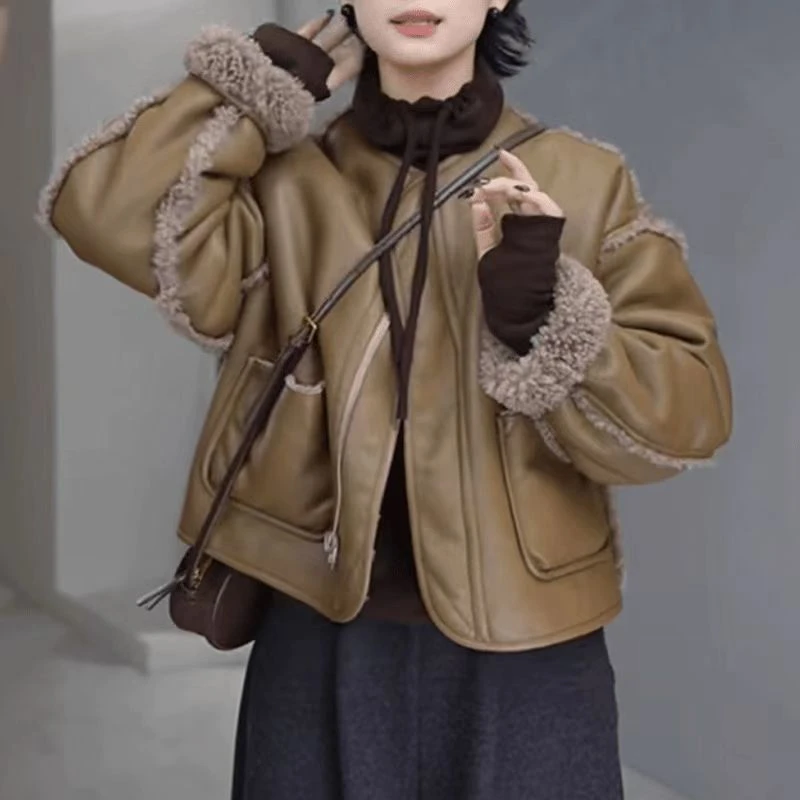 拉链两面穿皮毛拼接一体冬季圆领保暖休闲短外套