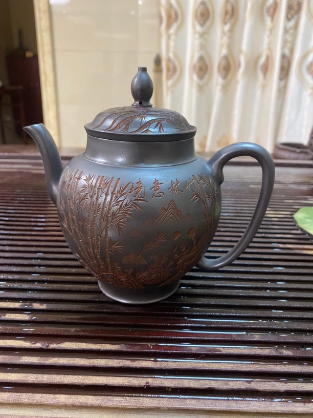 宜兴紫砂壶原矿石黄宫灯竹林意境竹子熊猫刻绘茶壶大容量500c