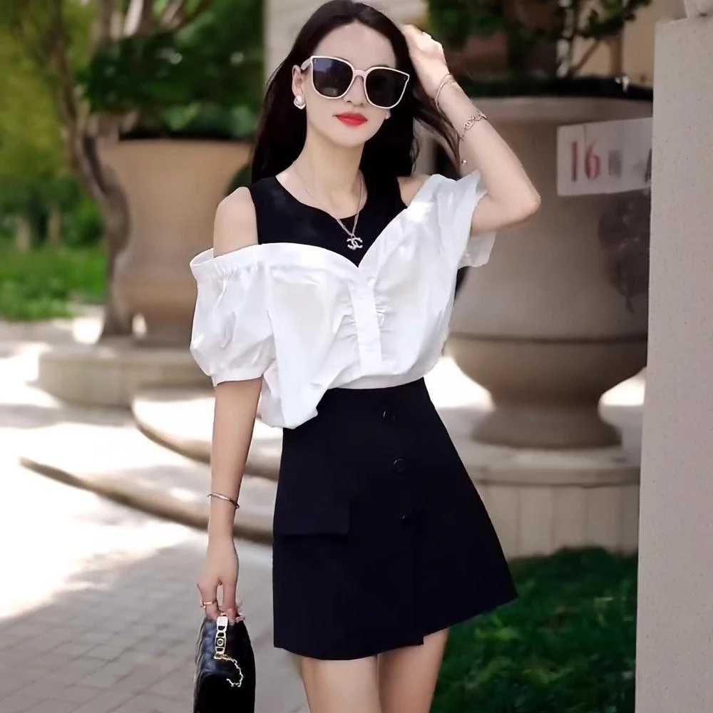 网红时尚套装女夏季新款露肩设计短袖衬衫拼色上衣休闲裙裤两件套