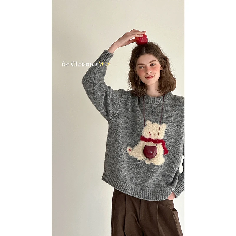 Letm 毛绒熊熊’蓬松粗纱立体童趣提花圆领羊毛毛衣女