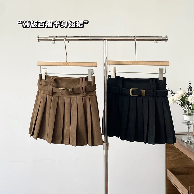 甜酷辣妹风咖色麂皮绒百褶短裙女2025秋冬新款高腰显瘦a字半身裙