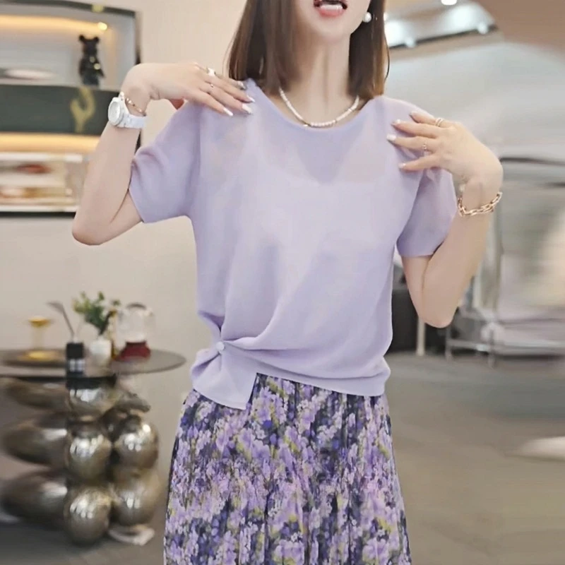 不规则别致圆领短袖T恤女夏季设计感紫色气质针织衫休闲显瘦上衣