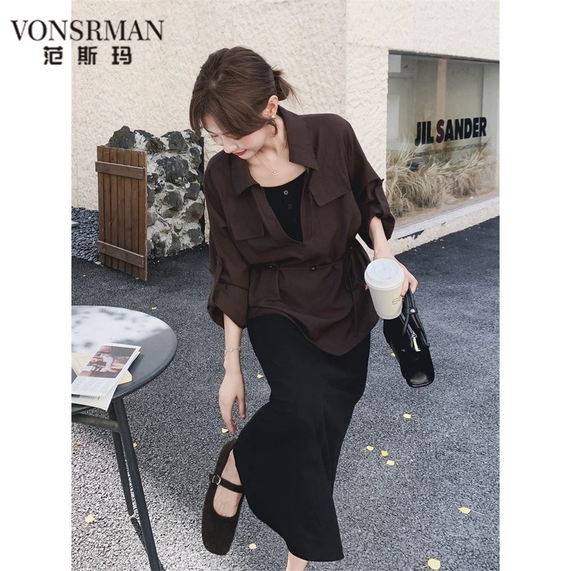 巨好看棕色衬衫连衣裙套装女春秋爆款高级感法式气质优雅超火裙子