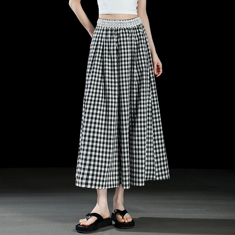 经典黑白格子裤女2025夏薄款高腰八分显瘦冰丝直筒裤宽松阔腿裤裙