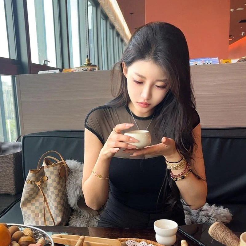 2025时尚带胸垫纯欲风微透网纱短袖t恤女夏新款修身显瘦气质上衣