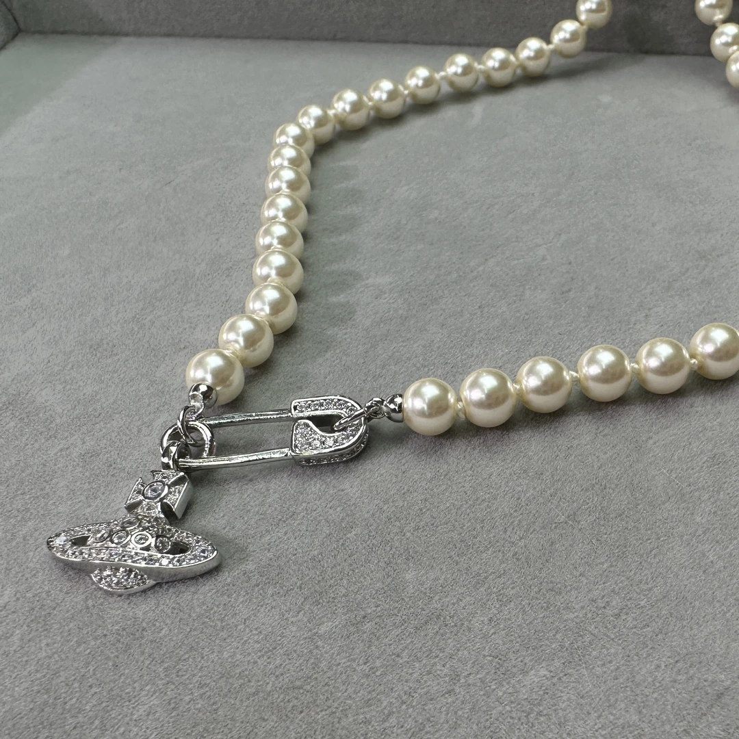 铜合金仿珍珠项链 珠珠爱心别针项链