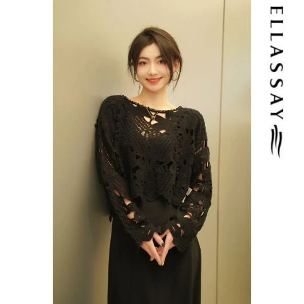 ELLASSAY/歌力思春夏新款黑色手工钩花剪影针织衫女EWF351M03200