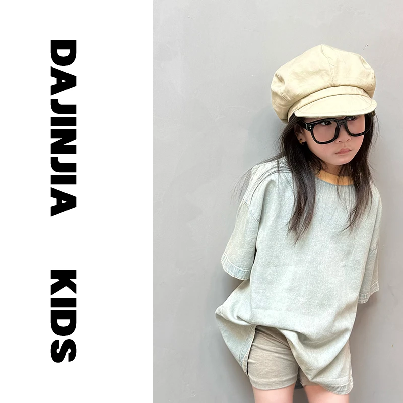 （清仓）【巨舒服】25新款韩系风棉感个性破洞潮酷男女童蓝色短袖